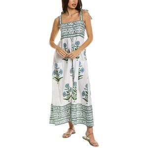 Bindu maxi dress size M white blue green smocking tie straps boho romantic